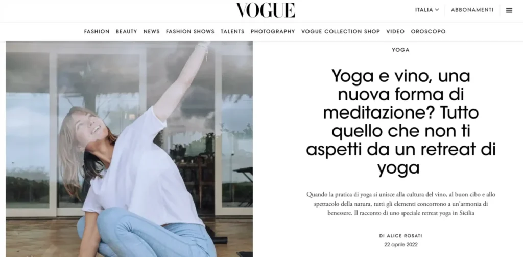 Review of Vogue Magazin of Alexandra Meffert Luxury yoga retreat in Sicily, with photo of Alex doing yoga